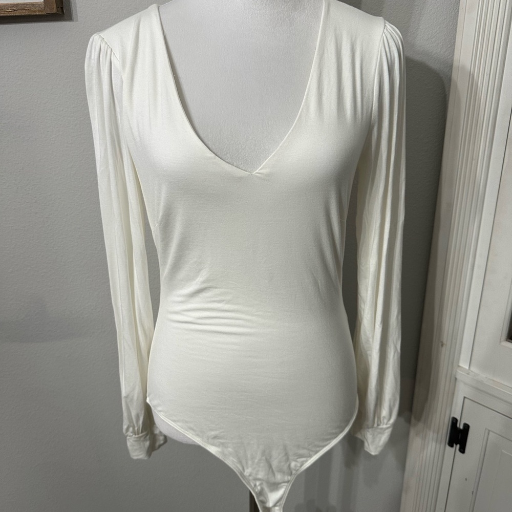 Pink Lily Cream Fitted Bodysuit with Long Sleeves